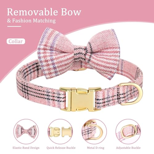 Beirui Cute Small Dog Harness Collar and Leash Set with Bowtie, Soft Adjustable Plaid Puppy Harness for Small Sized Dogs Cats Walks Parties and Photoshoots(Pink,S:Chest 17-23")