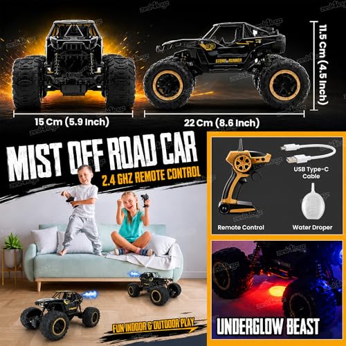 Image of Zest 4 Toyz Remote Control Car Toy for Kids | Mist Spray Effect Rock Crawler Monster Truck Drift RC Car | 100+ft Range 2.4GHz Remote | Rechargeable | Type-C USB | 2WD Off-Road Climbing Racing Car