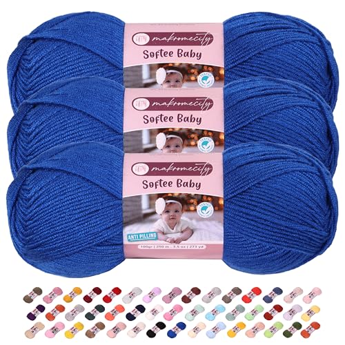 Image of 3 Skeins of Makromecity Softee Baby Yarn,%100 Premium Anti-Pilling Acrylic, 3.5 Oz, 273 yd (100gr /250 mt) Each, Soft Yarn for Crocheting and Knitting (Navy, 3 Skeins)