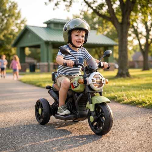 Image of Srecap Ride Xtreme Electric Bike for Kids | 6V Battery, MP3 Player, USB, Bluetooth, LED Lights & Foot Accelerator | Battery-Operated Ride-On Bike with Backrest for Boys & Girls Aged 1-4 Years (Green)