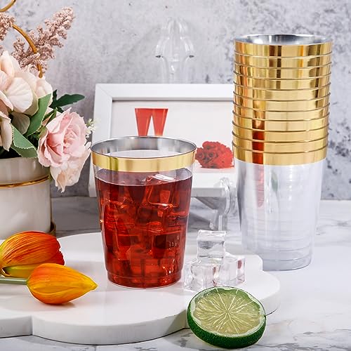 Image of DaYammi 200 Pack Gold Plastic Cups 10 Oz Clear Cup Gold Rimmed Disposable Wine Glasses Fancy Disposable Party Cups Tumblers Drinking Cup Plastic Cocktail Glasses gold disposable cups for Party Wedding