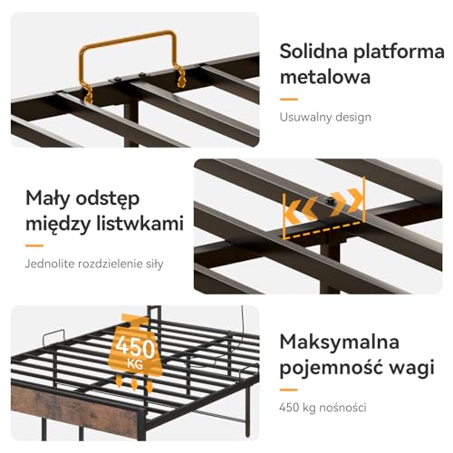 ODK Podwójne łóżko tapicerowane 140 x 200 cm z 2 szufladami do przechowywania, zagłówkiem z przegrodą, oświetleniem LED i stacją ładującą USB/gniazdo, metalowa rama