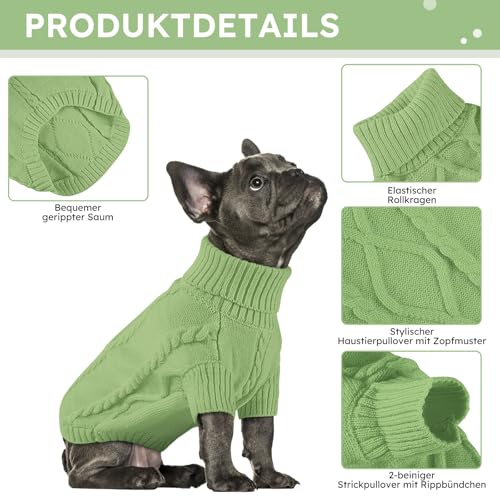 Queenmore Hundepullover Kleine Hunde Wärme Dackel Hundepulli Strick Pullover Hund Strickmantel Mit Zopfmuster Hundepullover Französische Bulldogge Bulldog Chihuahua Katzen Corgi, Grün, S