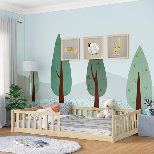 Bellabino Vere Bodenbett 120x200 cm Montessori Kinderbett mit Rausfallschutz & Lattenrost Massives Kinder Bett Jungen & Mädchen aus Holz Kiefer Kleinkindbett in Natur