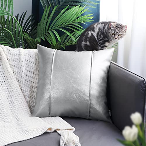 Image of BRAWARM Silver Leather Throw Pillow Covers 16 X 16 Inches - Faux Leather Pillow Cover with Piping, Hand Stitched Leather Throw Pillow for Couch Sofa Bed Living Room Home Decorative