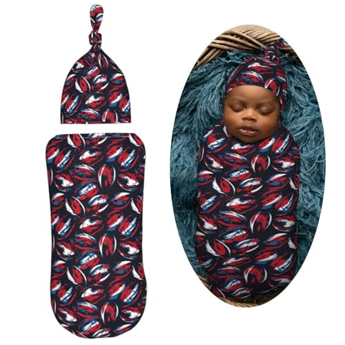 Image of Watercolor Rugbys Newborn Swaddle Blankets Hat Sets Soft Baby Receiving Blanket Swaddle Sack for Baby Shower Infant Boy Girl Gift