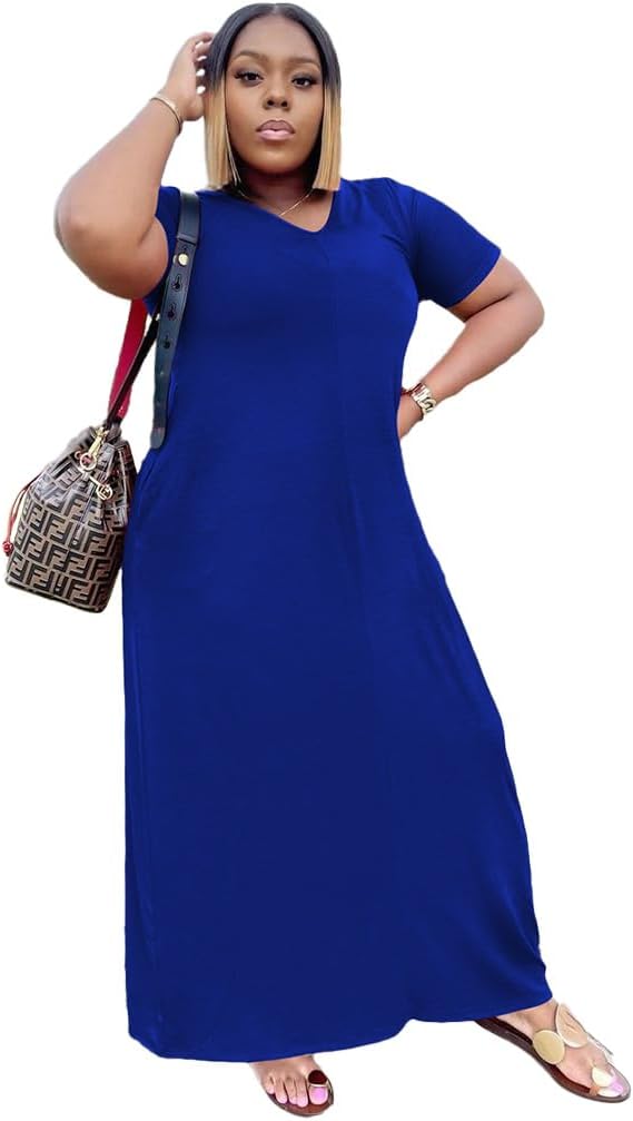 TOPSRANI Womens Plus Size Maxi Dresses for Women Oversize Casual Short Sleeve V Neck Loose Plain Solid Trendy Summer Dress Blue 5XL - Image 4