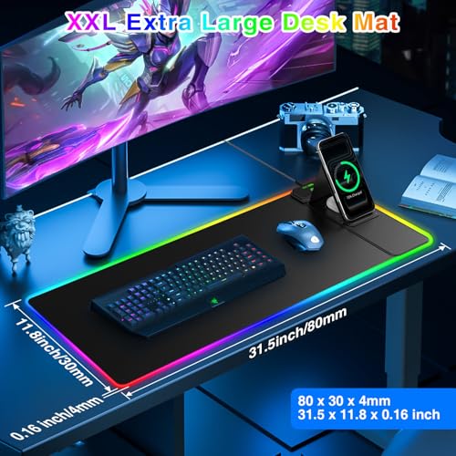 Image of XL RGB Gaming Mousepad, 25 Lighting Effects, 15W Fast Charging, Phone Stand | 31.5 inchx11.8 inch Extended Keyboard Mat Pad with Stitched Edges, Ultra-Smooth Waterproof Surface, Non-Slip Base