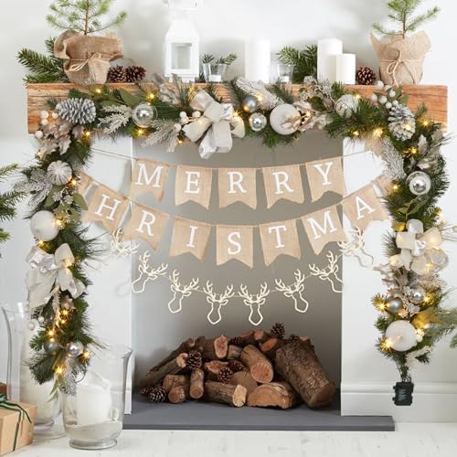 GarveeHome Prelit Christmas Garland for Mantle, 9 Ft Battery Operated Xmas Garland with Lights Silver White Ball Ornaments Pine Cones for Fireplace Front Door Stairs Railing Indoor Outdoor Decor