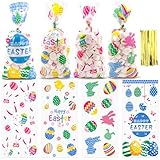 Easter Cellophane Treat Bags, Easter Gift Bags, Easter Goodie Bags, Plastic Clear Cello Colorful Eggs Bunny Easters Candy Cookies Goody Snack Bag with Ties for Easte Party Favors Supplies, 50 Pcs