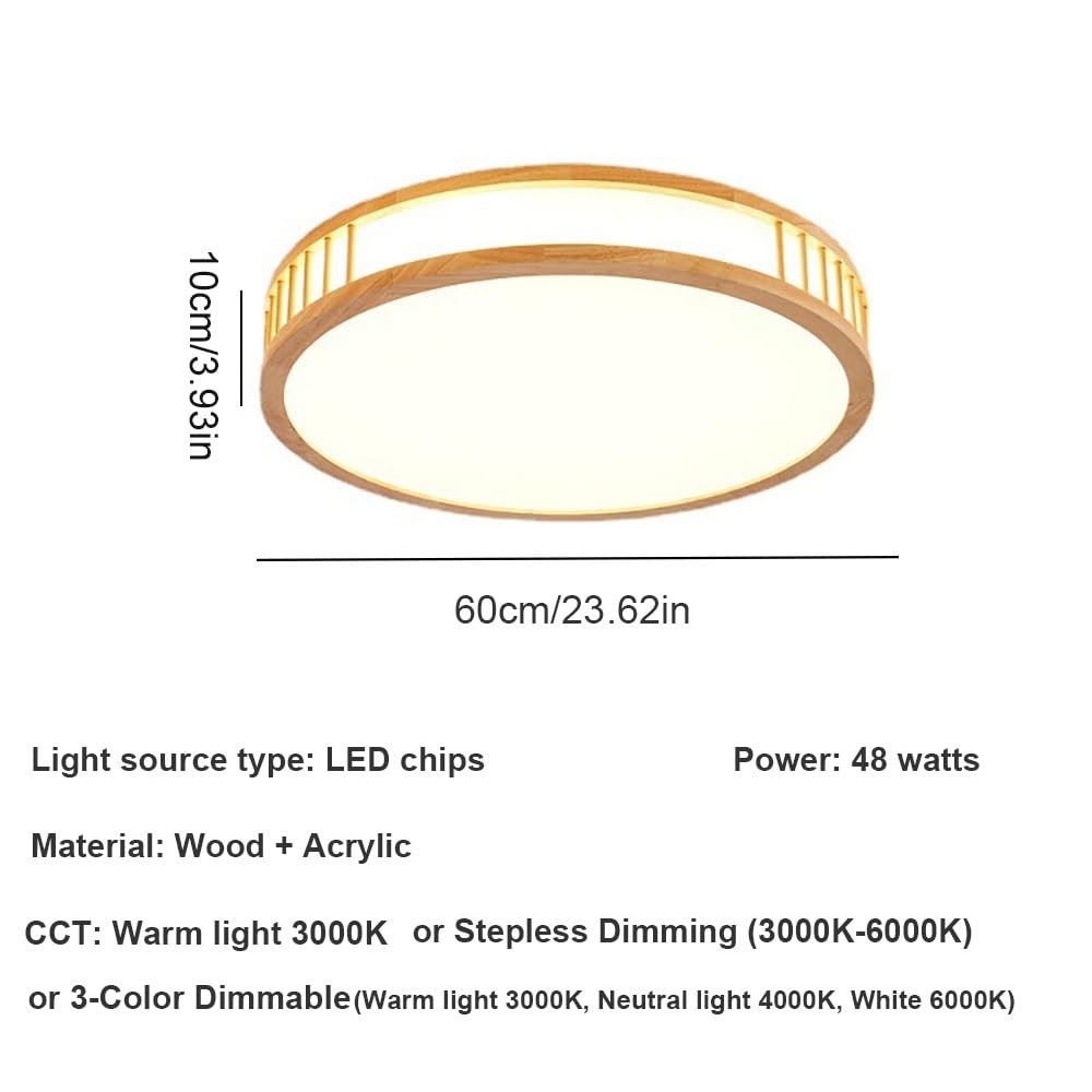 Okrągła Drewniana Lampy Sufitowa LED, Japoński Plafon z Ażurowymi Listwami Oświetlenie Sufitowe Ściemniane do Sypialni Salonu(3 modes,60cm/23.62in)