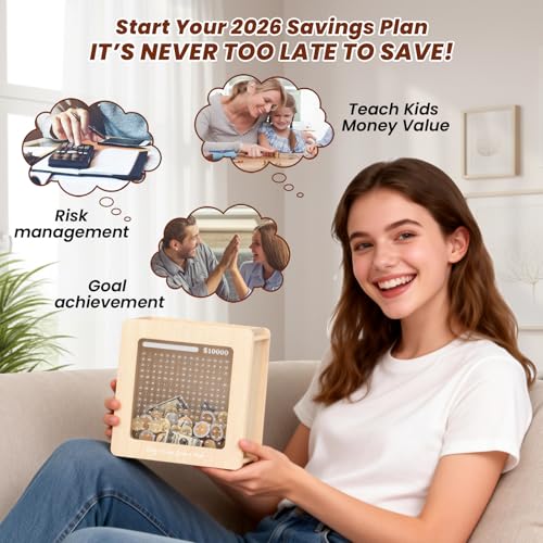 Image of Summidate Wooden Money Saving Box: $10000 Challenge Cash Vault Piggy Bank