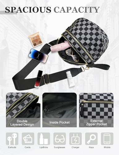 Checkered Nylon Crossbody Bag for Women, Spacious Checkered Bum Bag Purse Shoulder Bag Sling Bag with Shoulder Strap4