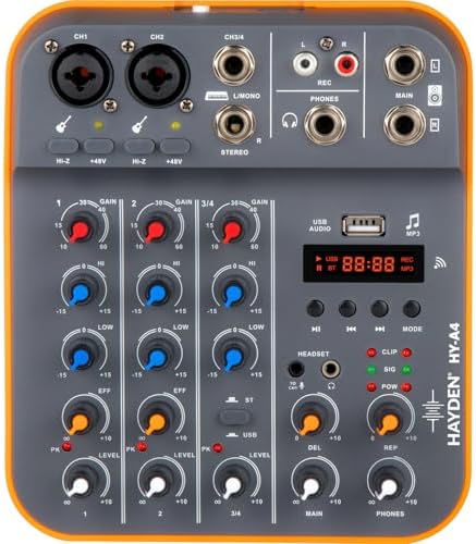 HAYDEN HY-A4 | 4-Channel Pro Audio Mixer With Bluetooth, USB MP3, 48V Phantom, Live Out & Recording for Podcast, Karaoke, DJ & Streaming