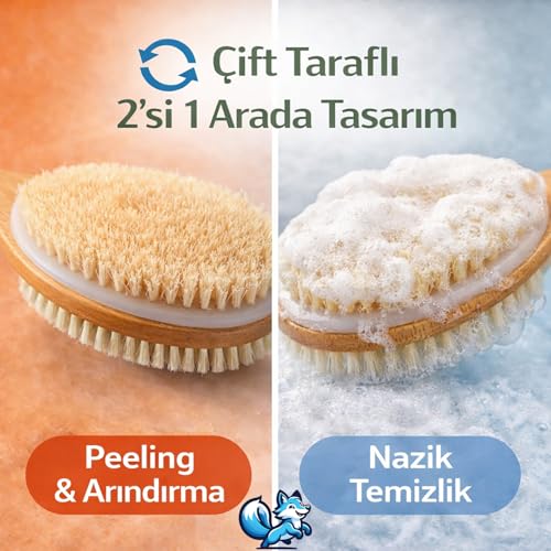 Bluefox Sırt ve Vücut Temizleme Fırçası - 2 Taraflı Sert & Yumuşak Lifli, Bambu Uzun Saplı (43cm), Ölü Deri ve Gözenek Temizleyici, Pürüzsüz ve Canlı Cilt İçin İdeal