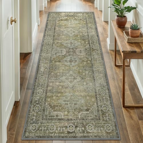 GENIMO Runner Rug 2x6 Non Slip Machine Washable Vintage Hallway Runner Rugs, Low Pile Lightweight Mat for Living Room, Entryway, Bedroom, Kitchen and Corridor, Distressed Sage