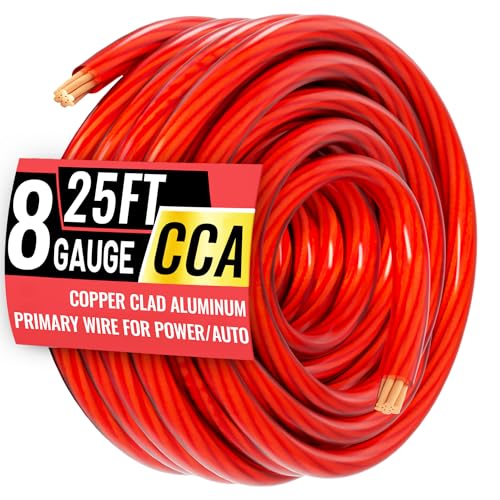 8 Gauge Wire 25FT Red Copper Clad Aluminum CCA Battery Cable Primary Power/Ground Cable for Car Audio Speaker RV Trailer Amp Inverter RV Truck Marine Solar Equipment Translucent Jacket