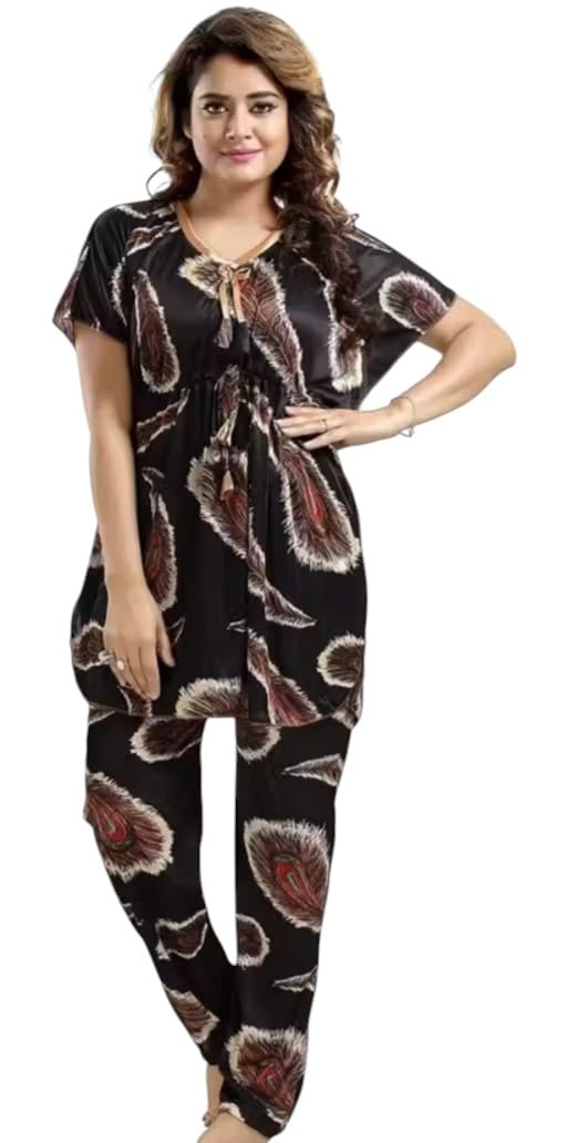 Women's Satin All Over Printed Night Suit (Black, XL)-image-21