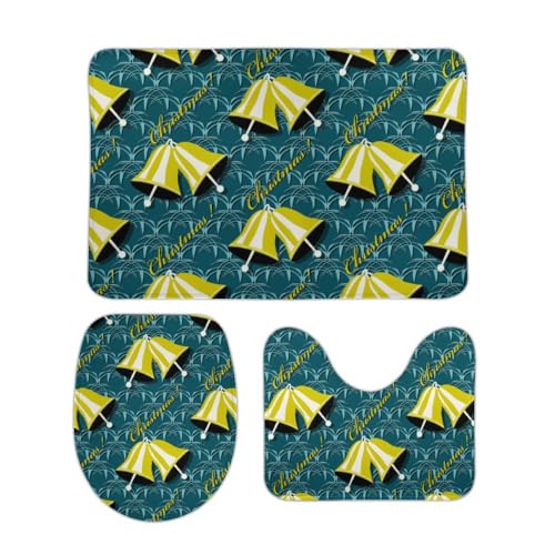 QAZPL Nuansexi Bathroom Rug Sets Christmas Bells Green Bath Toilet Rugs Set 3 Piece Anti Slip U-Shape Contour Toilet Mat Coral Velvet Absorbent Machine Washable Bathroom Toilet Decor