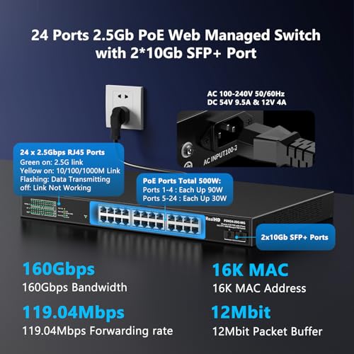 Image of 24 Port 2.5Gb PoE+ Managed Ethernet Network Switch 24 PoE+ Port @500W, PoE++ Port 1-4 Up to 90W Each | 2 x 10G SFP+ | IEEE 802.3bt / at / af | 19In Rack Mount | 1-Pack 10Gb SFP+ to RJ45 Module 98Ft(30m)