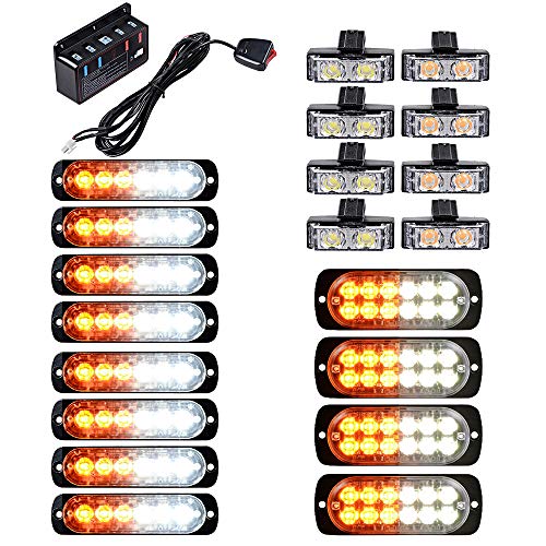 Astra Depot Combo Amber White 8pcs 6-LED and 4X 12-LED Super Thin Flashing Strobe Light with Set 4pcs White and 4pcs Amber 2-LED Strobe Lights Bar Grill Emergency Warning Hazard