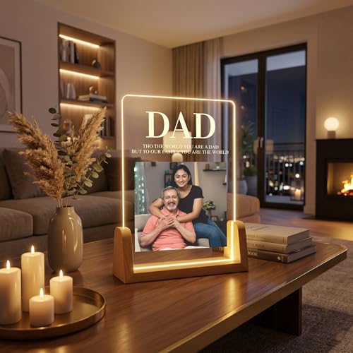 Image of Giftplease Fathers Day Personalized Rectangular Acrylic Wood Tabletop Photo Frame | Warm Led Light Base Custom Single Picture Layout Serif Typography Desktop Night Decor for Dad Papa Husband