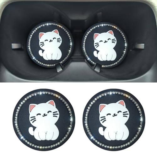 MEANSTINBEST Car Cup Holder Coasters Bling Cup Coasters for Car SUV Car Crystal Rhinestone Drink Car Cup Mat, PVC Universal Car Accessories for Women Interior 2 Pack (Black 6)