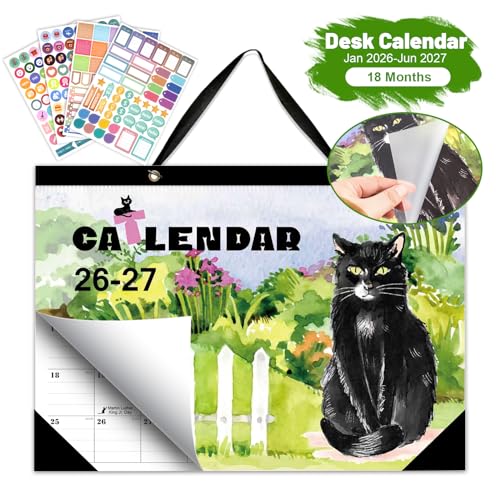 Desk Calendar 2026-2027,18-Month Large 17" x 12" Desktop Wall Calendar (January 2026 - June 2027)with Transparent cover, Cutting Lines, Corner Protectors，Stickers,Unique Black Cat Cover Design,for Home, Office, School & Gifts