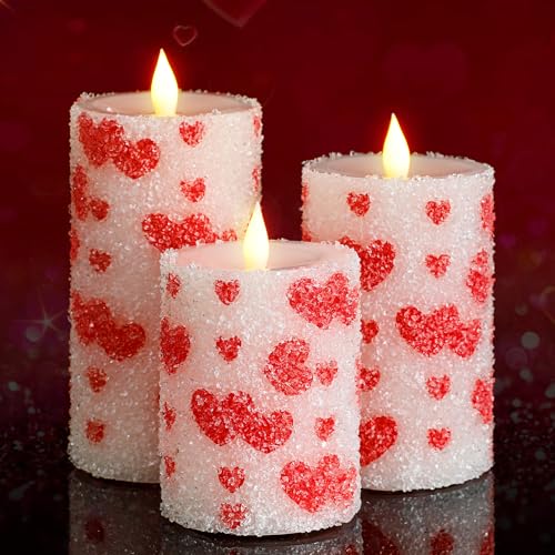 Image of Baquler 3 Pcs Christmas Flameless Candles Pastel Candy Cane LED Pillar Candle Peppermint Glitter Red and White Battery Operated Candlestick for Xmas Party Holiday Table Home Decoration(Heart)