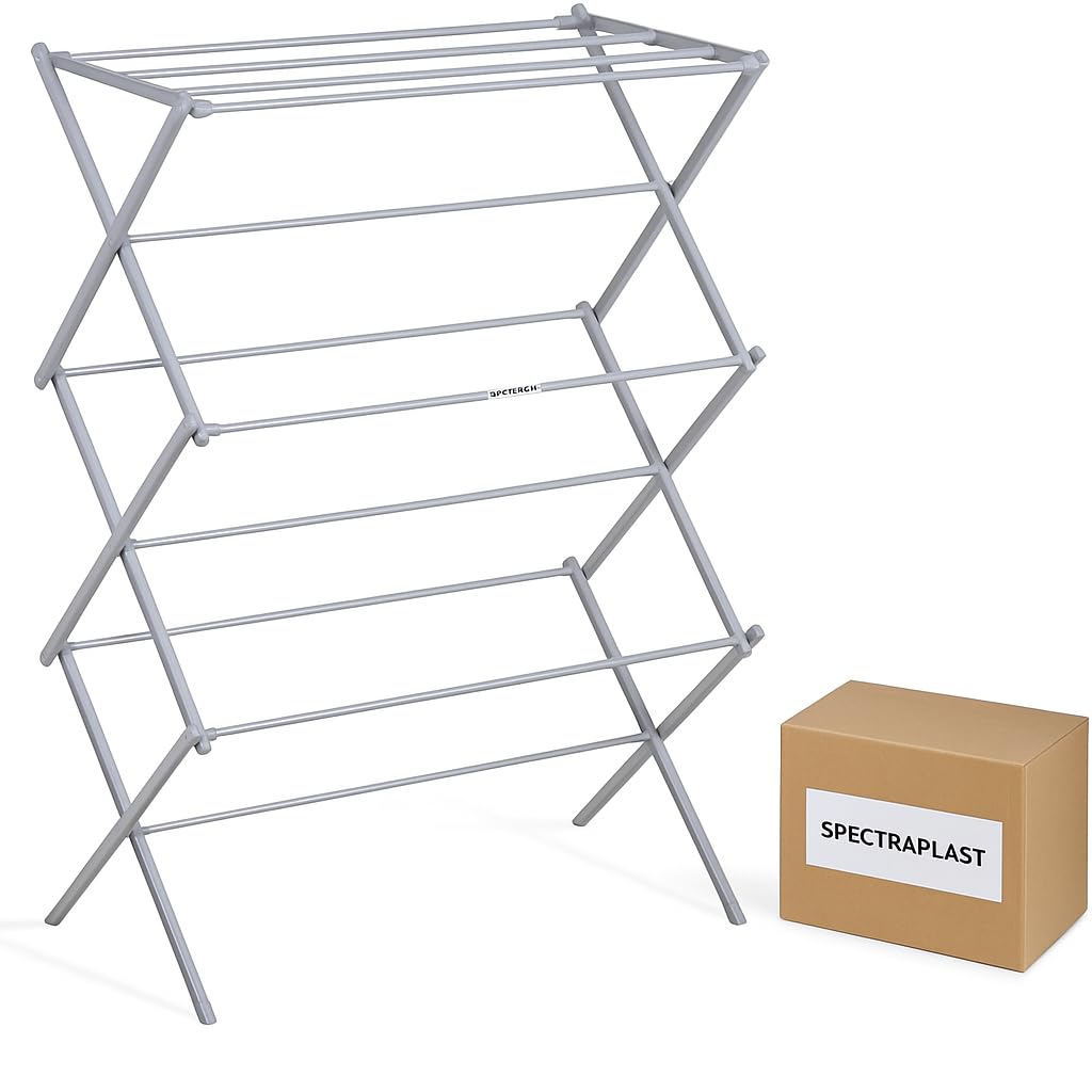SPECTRAPLAST 3 Tier Extendable Clothes Airer Dryer Heavy-Duty Indoor Outdoor Metal Laundry Drying Rack with Washing Line Foldable, Portable, Space-Saving Clothes Dryer for Home & Camping Large Silver