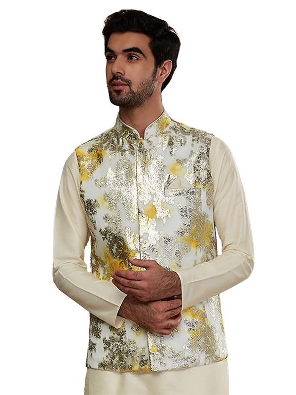 kisah Men's Jacket, Off White Jacquard, Woven Design Regular Fit Mandarin Collar Sleeveless-picture-48