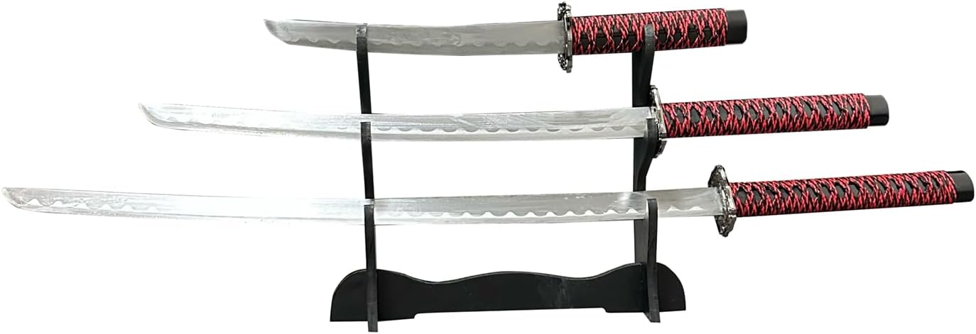 Decorative Samurai Sword Set, 3-Piece Collection with Stand, Black Scabbards, Red Wrapped Handles