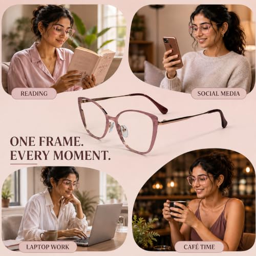 Image of LensKandy | Cat Eye Computer Glasses for Women | Zero Power Blue Light Blocking | 100% UV Protection | Medium size | For Daily works : Laptop, Mobile, Gaming, Office | LKM0002