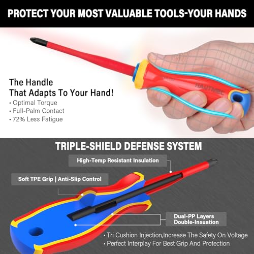 Image of HAUTMEC Insulated Screwdriver Set, 6-Piece Electrician Screwdriver Set, VDE & GS Certified 1000V, with S2 Steel Magnetic Tips and Tri-Material Handles for Professional Electrical Work, HT0331