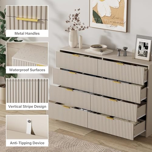 Image of Furniway Modern Beige 3-Piece Dresser Bedroom Set, Fluted Wood 8 Drawer Dresser with Gold Handles and 2 Drawer Nightstands, Chest of Drawers for Bedroom, Living Room, Entryway