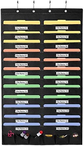 HOS Hanging Wall File Organizer, 24 Pockets Hanging File Folder Organizer, Cascading Wall File Organizer with 6 Tool Pocket, Wall Paper Organizer for Home, School, Office, Black