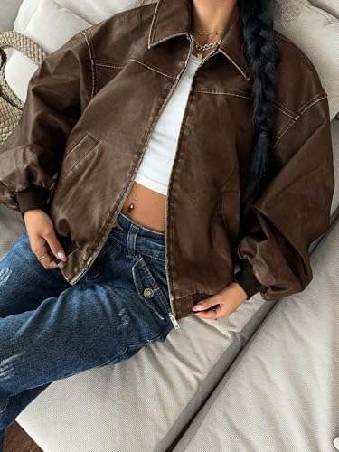 Chic and Cozy: Women's 2025 Fall Winter Coffee Brown PU Leather Jacket - Small Size - Image 5