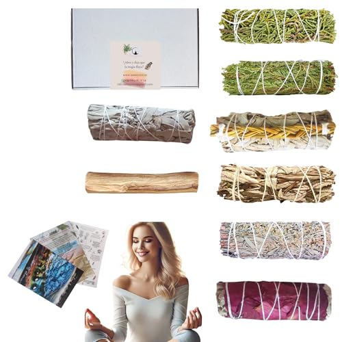 SAMAYZEN - Kit 8 Sahumerios Naturales de Salvia Blanca para Quemar, Yerba Santa, Salvia Azul, Salvia con Rosas, Atado Juniper, Cedro, Hierba de bufalo y Palo Sagrado Santo - Kit Limpieza Energética