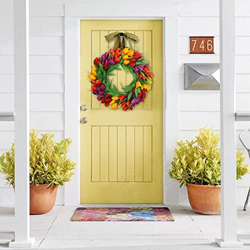 U'Artlines 20 Inch Tulip Wreath for Front Door, Spring Summer Silk Wreath with Green Leaves Artificial Tulip Flower Wreaths for All Seasons Window Wall Wedding Valentines Day Decor — view 2