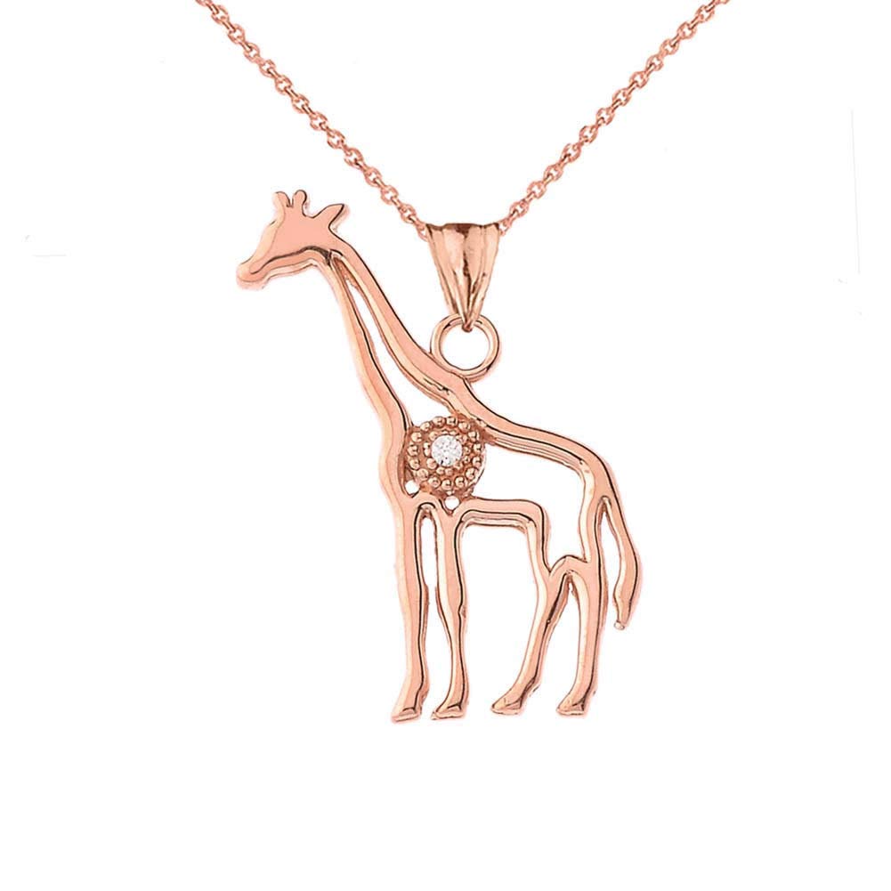 Animal Kingdom Fine 10k Rose Gold Diamond Giraffe Outline Charm Pendant Necklace