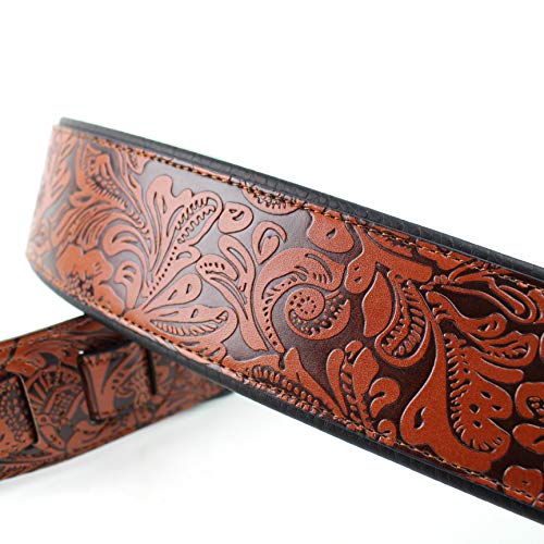 Walker And Williams G-970 Sangle en relief avec gant rembourré Marron bourbon Motif floral - Les Beatles, Paul McCartney, John Lennon, RIngo Starr, George Harrison Walker And Williams G-970 Sangle en relief avec gant rembourré Marron bourbon Motif floral – Image 4