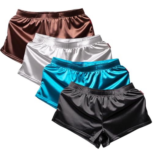 TAPUU Mens Satin Boxer Shorts Ice Silk Sleep Shorts Multipack (Brown/Black/Grey/Blue 4-Pack, XL)