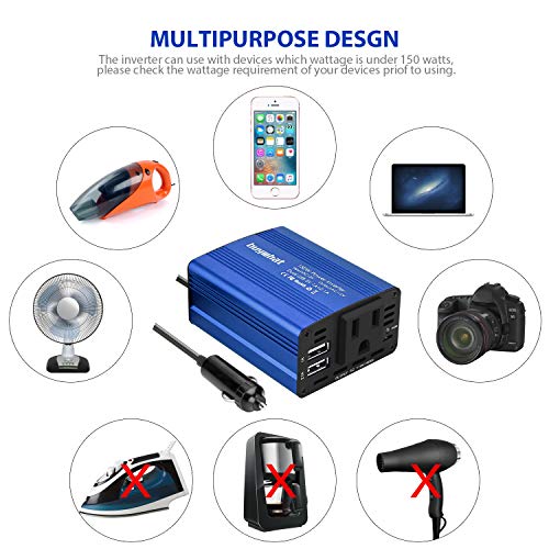 Buywhat 150W Car Power Inverter DC 12V to 110V AC Converter with 3.1A Dual USB Car Charger Adapter Blue