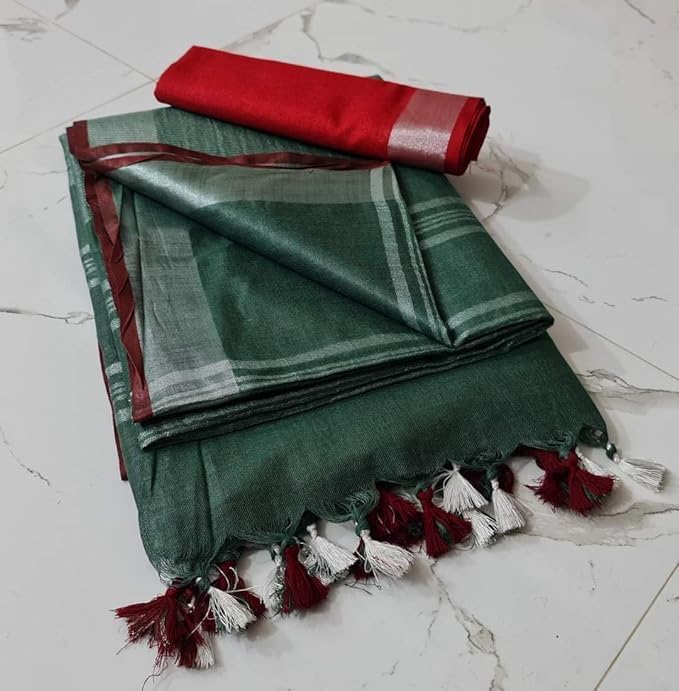 Image of STB-SILK TEXTILES BHAGALPUR Women's Linen Slub Saree With Contrast Blouse Piece