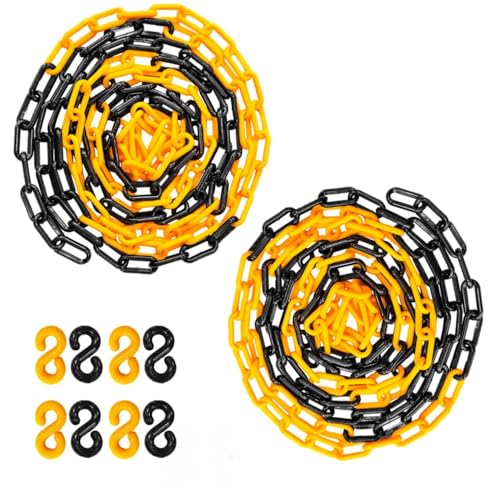 Berry 10 Meter 8MM Plastic Chain - Yellow and Black, Plastic Barrier Chain with 4 Connectable Hooks, Safety Chain for Crowd Control, Construction Sites, Driveway, Garden - Set of 2