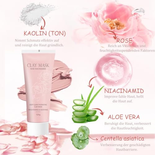 Tiefenreinigende Gesichtsmaske mit Niacinamide und Rose, Clay Mask for Skin Care, Gesichtsmaske Frauen für Poren Verkleinern, Feuchtigkeitsspendende Maske für alle Hauttypen, Tonerde Maske – Bild 4