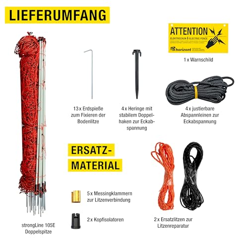 horizont Schafzaun 50 m, strongline 105 cm hoch - 14 Fiberglaspfähle mit Doppelspitze - Elektrozaun - orange - elektrischer Weidezaun für Schafe und Ziegen, Zaun zum Stecken, mobiler Zaun, Schafnetz