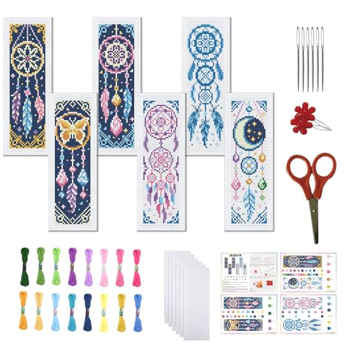 Image of FREEBLOSS 6 Set Cross Stitch Bookmark Kits Dreamcatcher Pattern Stamped Embroidery Kit Stitch Bookmarks DIY Book Marks Printed Cross Stitch Kits with Instructions for Beginners Adults 8''x2.4''