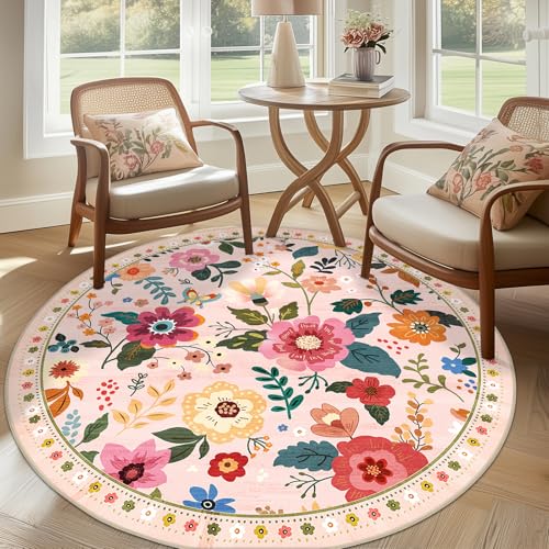 Floral 6ft Area Rug Machine Washable Soft Print Boho Carpet Non Slip Doormat Low Pile Flower Area Rugs for Living Room Bedroom Nursery Kitchen Dining Room Indoor-Pink