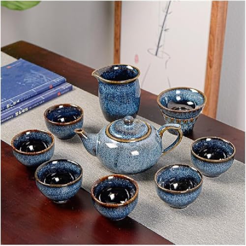 Zxyler 和風シンプル陶器茶器セット 窯変工芸茶碗・急須・湯呑セット 中国茶器風デザイン マルチ用途茶皿・茶器乾燥ティートレー付 旅行用コンパクトティーセット 1 カップ〜4 カップ対応 ティー専用実用茶具